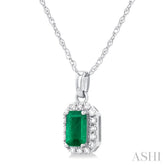 5x3 MM Octagonal Shape Emerald and 1/20 Ctw Single Cut Diamond Halo Precious Pendant with Chain in 10K White Gold